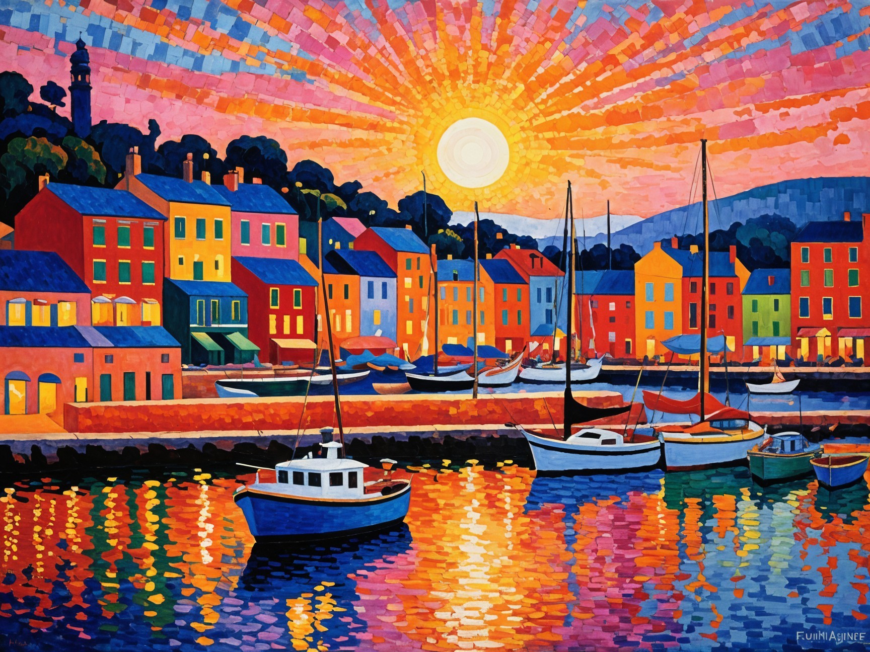 Vibrant Harbor Sunset with Colorful Houses and Sailboats