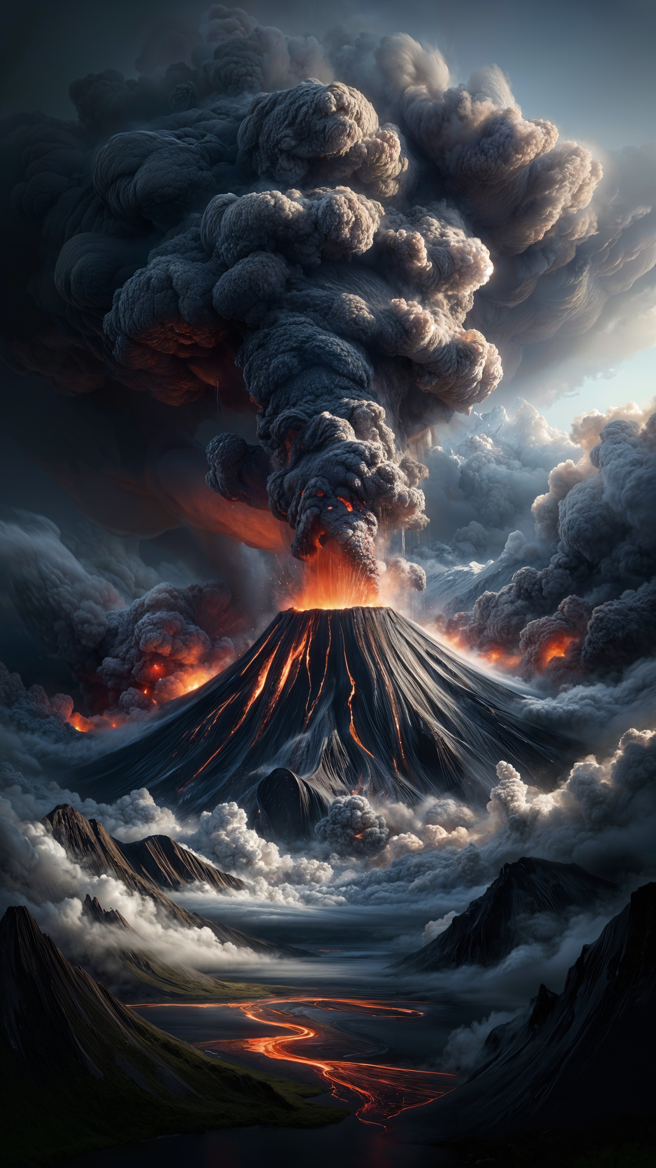 Dramatic Volcanic Eruption with Lava and Clouds