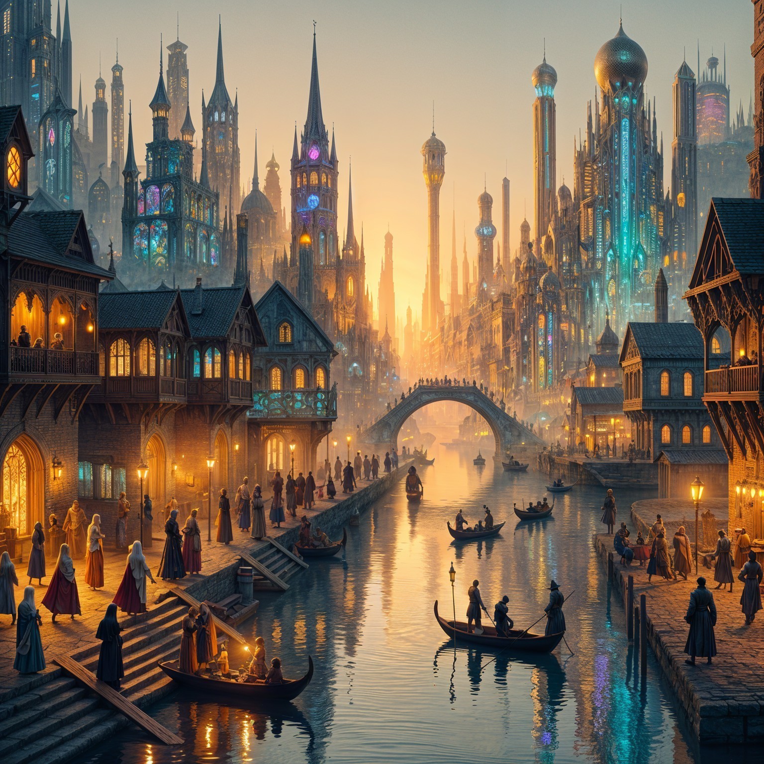 Cityscape at Dusk with Medieval and Futuristic Elements