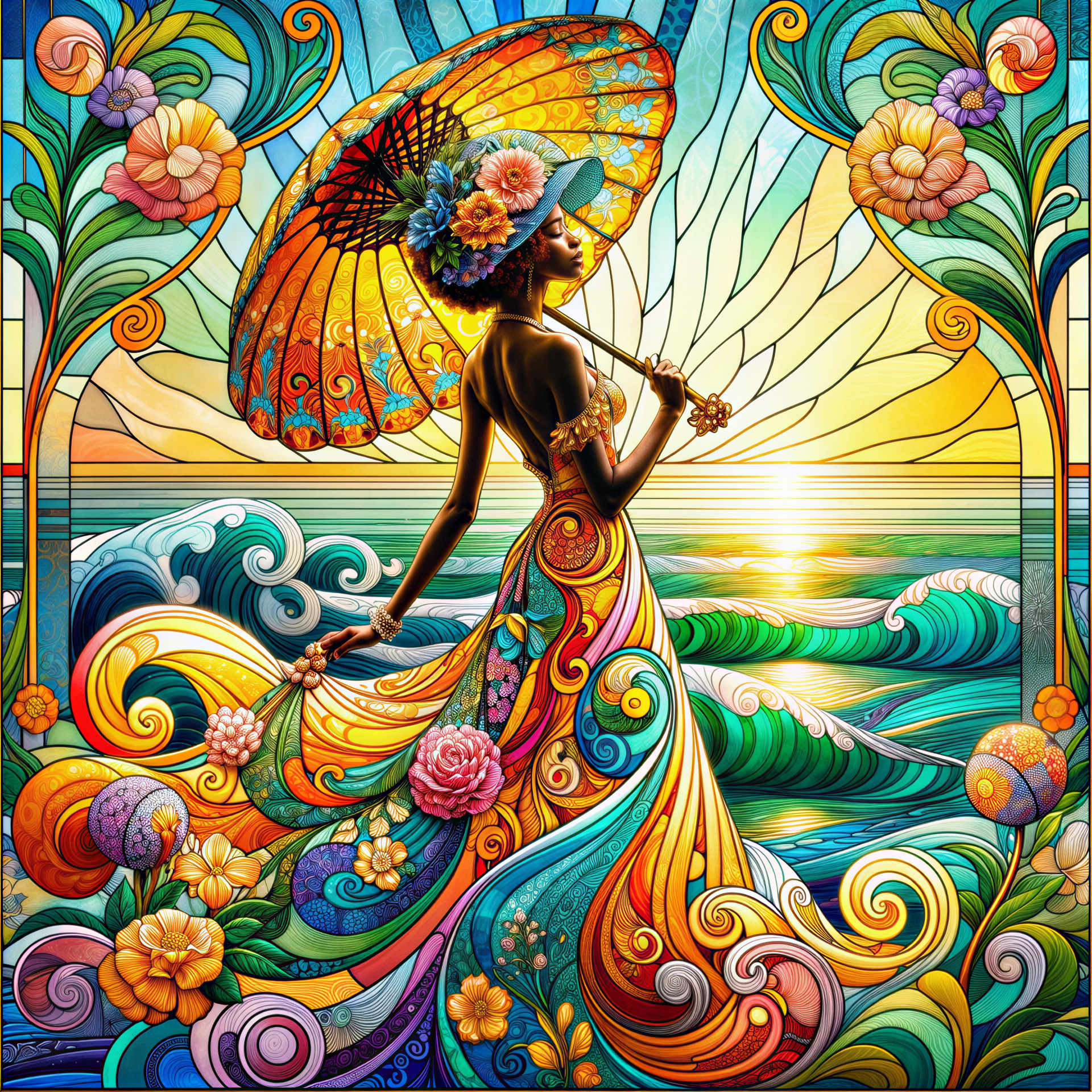 Vibrant Stained-Glass Scene of a Woman with Parasol