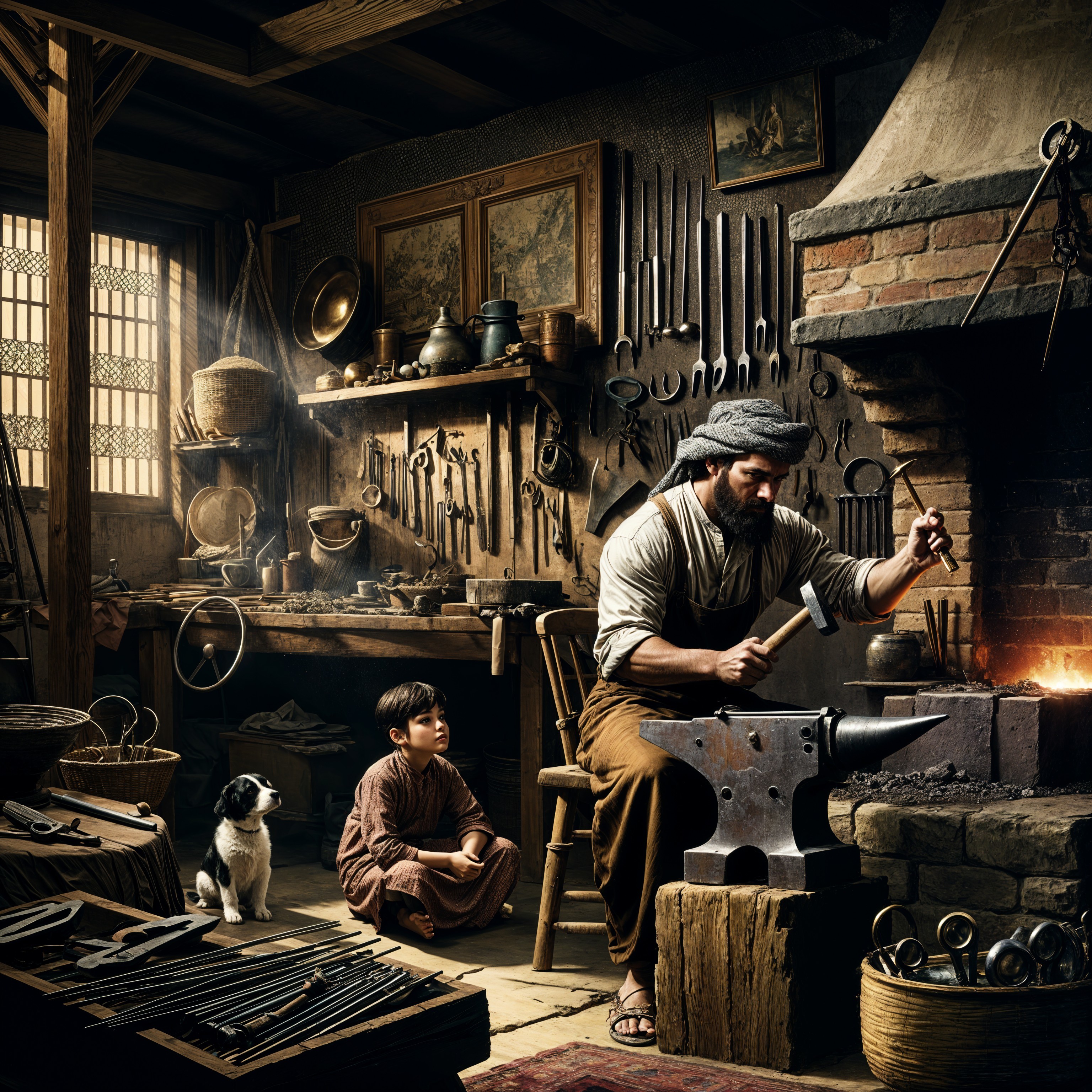 Blacksmith Shop Scene with Young Boy and Dog