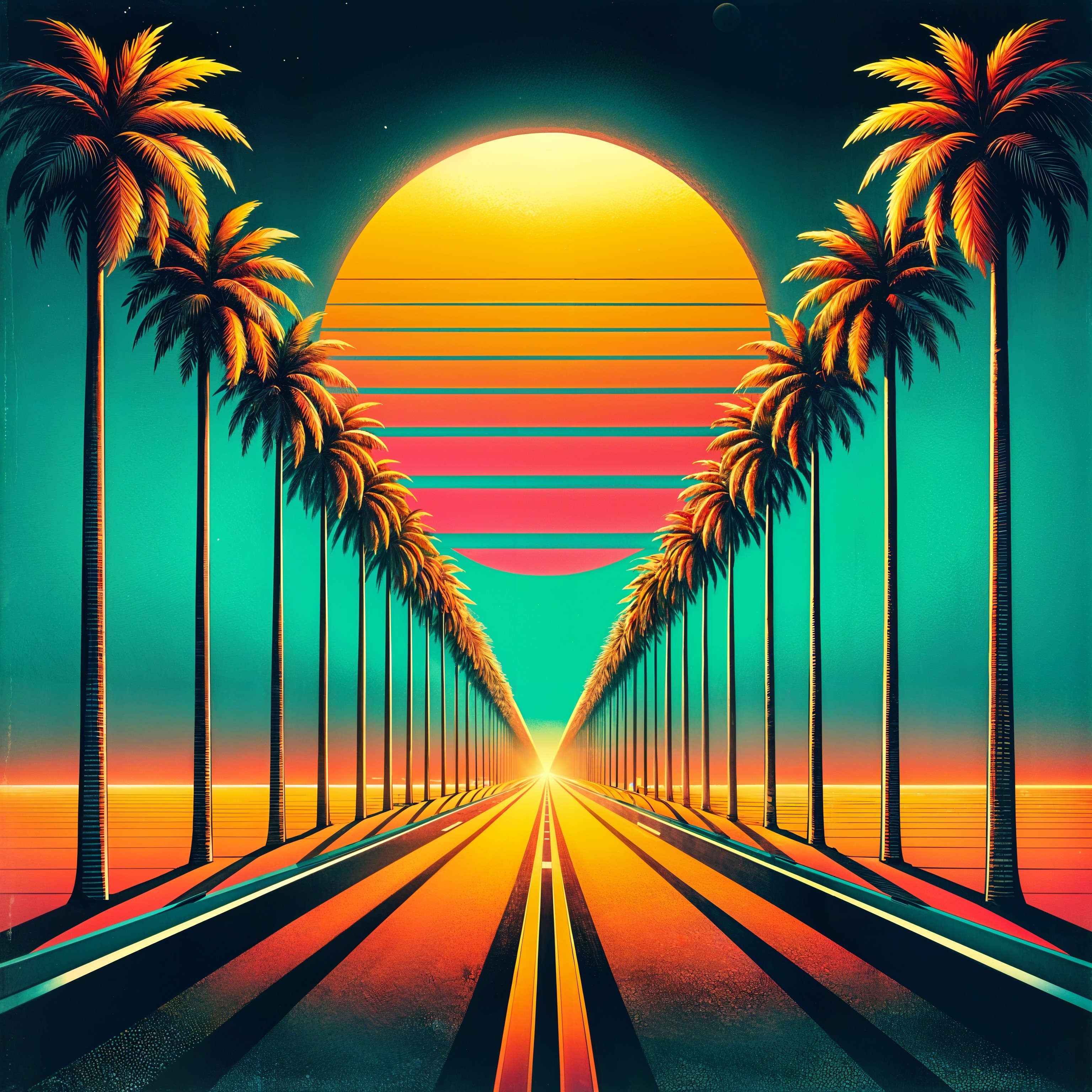 Vibrant Retro Landscape with Palm Trees and Sunset