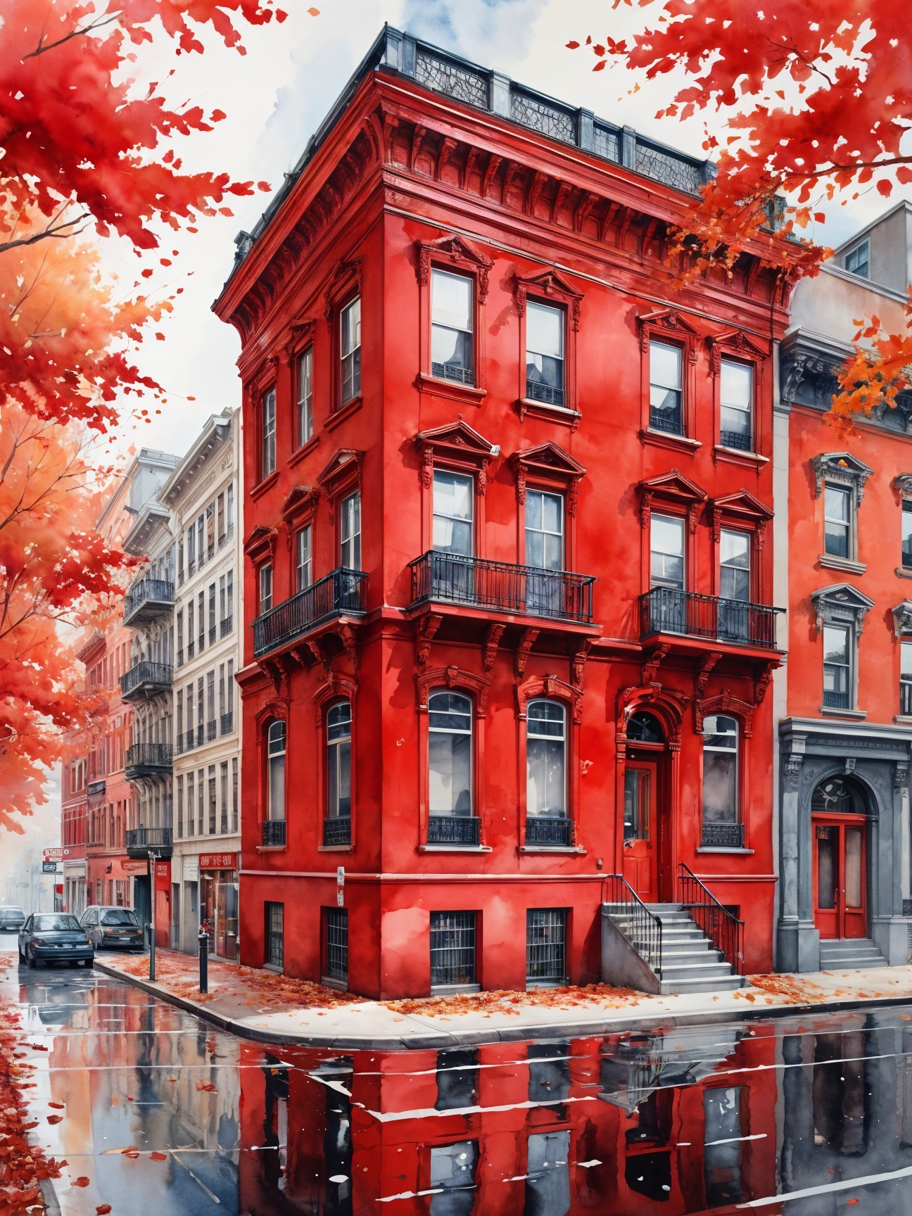 Red Building Surrounded by Autumn Foliage in City