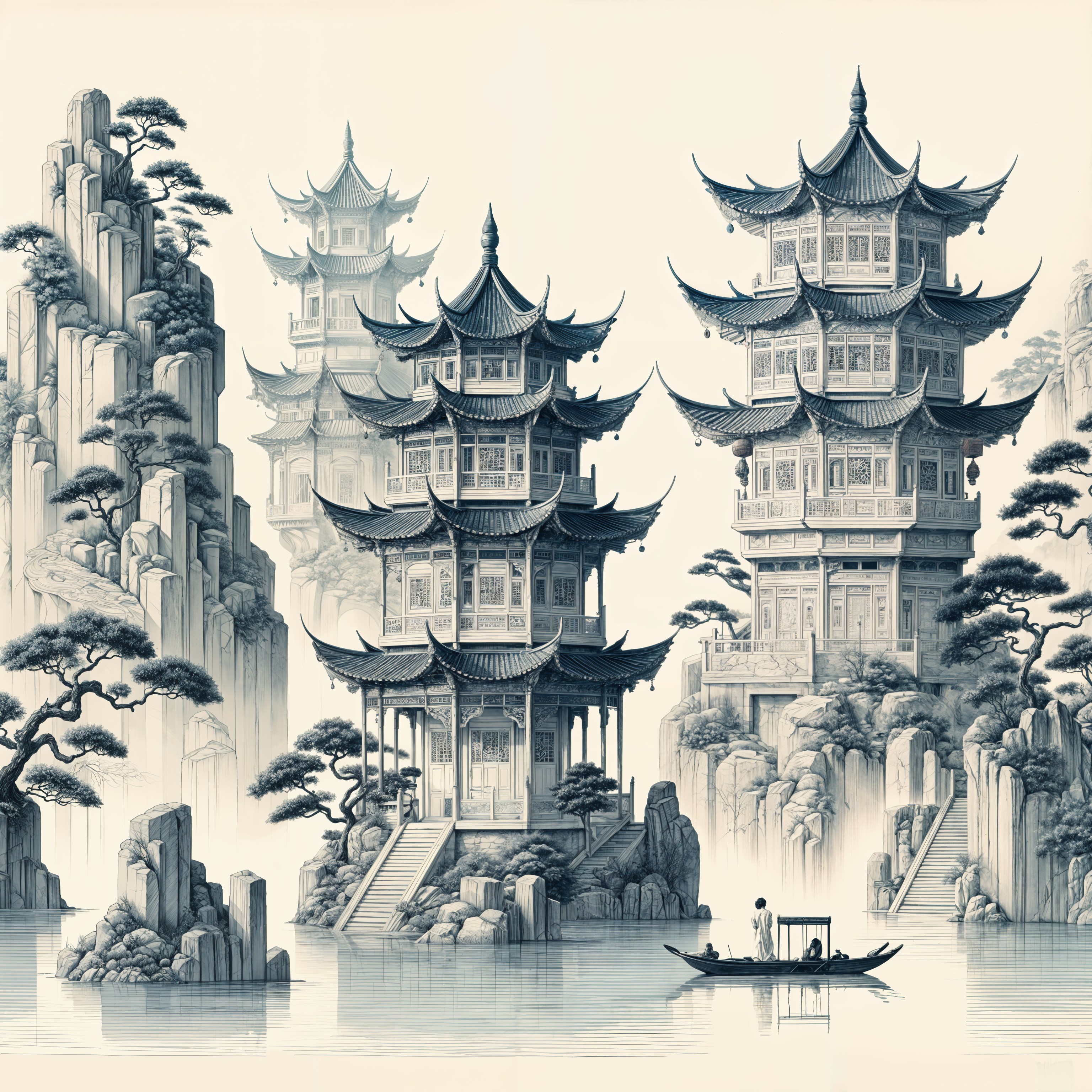 Serene Asian Landscape with Pagodas and Tranquil Lake