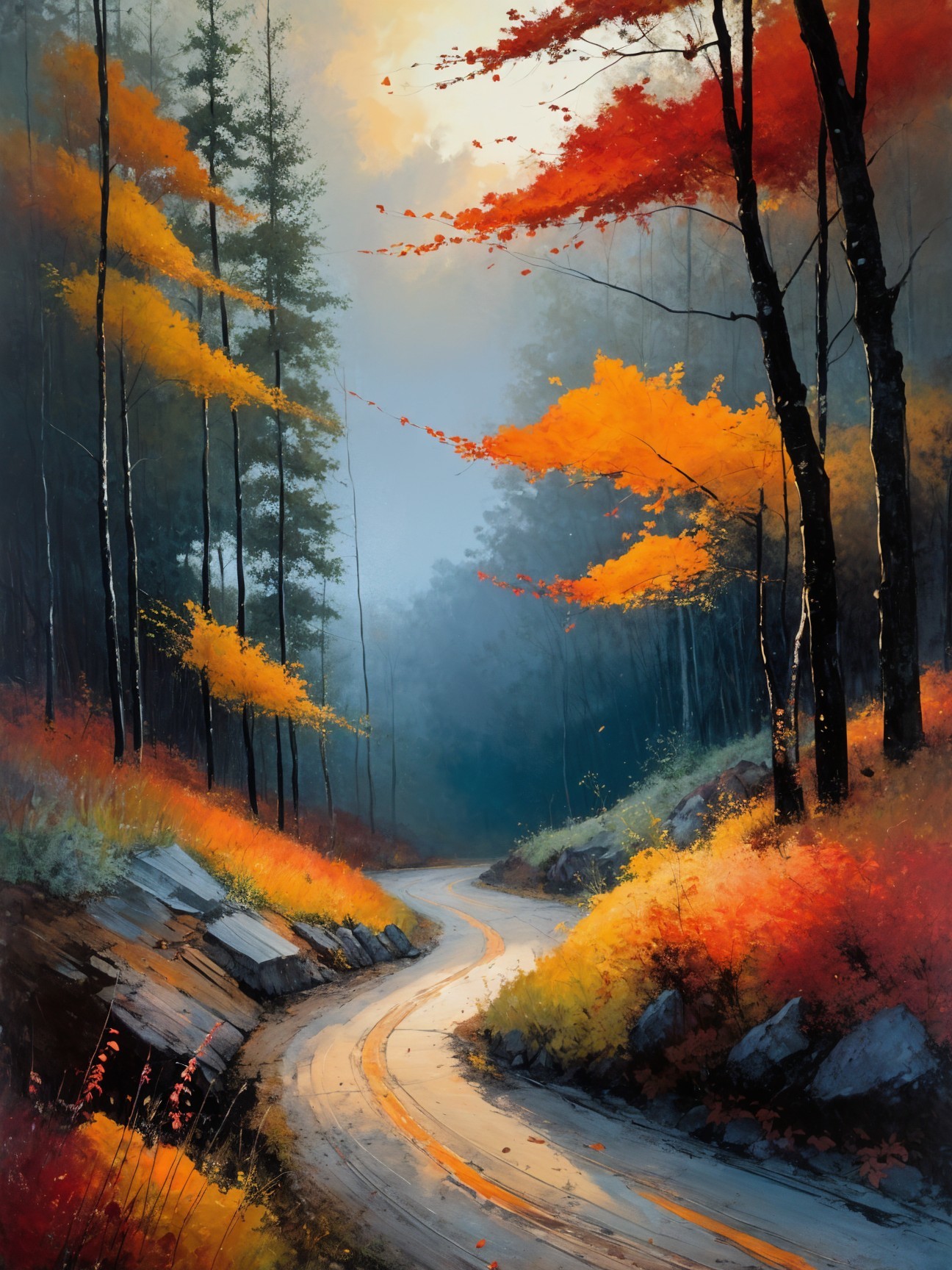 Autumn Forest Path with Vibrant Colors and Mist