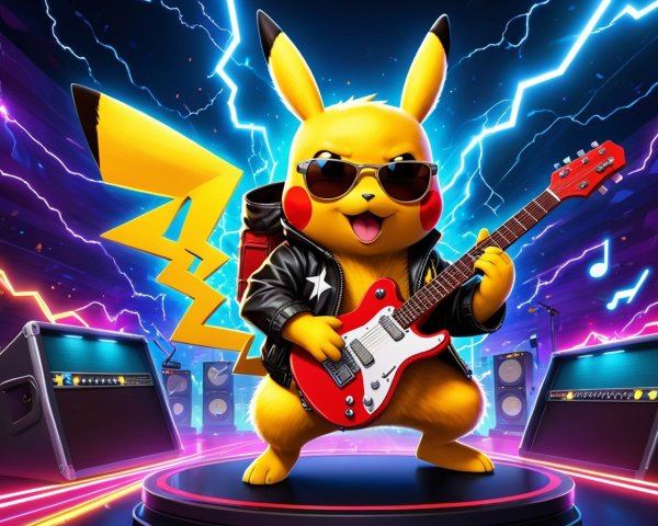 Pikachu in Leather Jacket Playing Electric Guitar Illustration