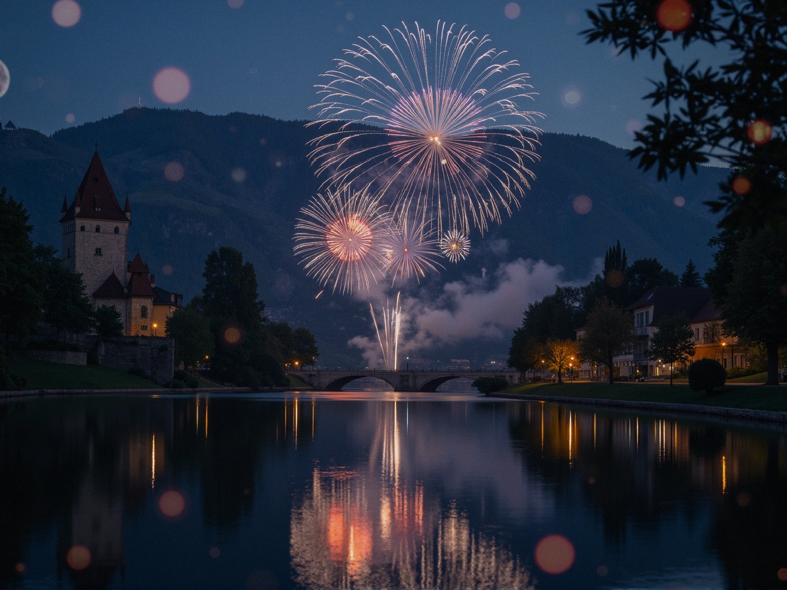 Riverside Scene with Fireworks and Historic Tower