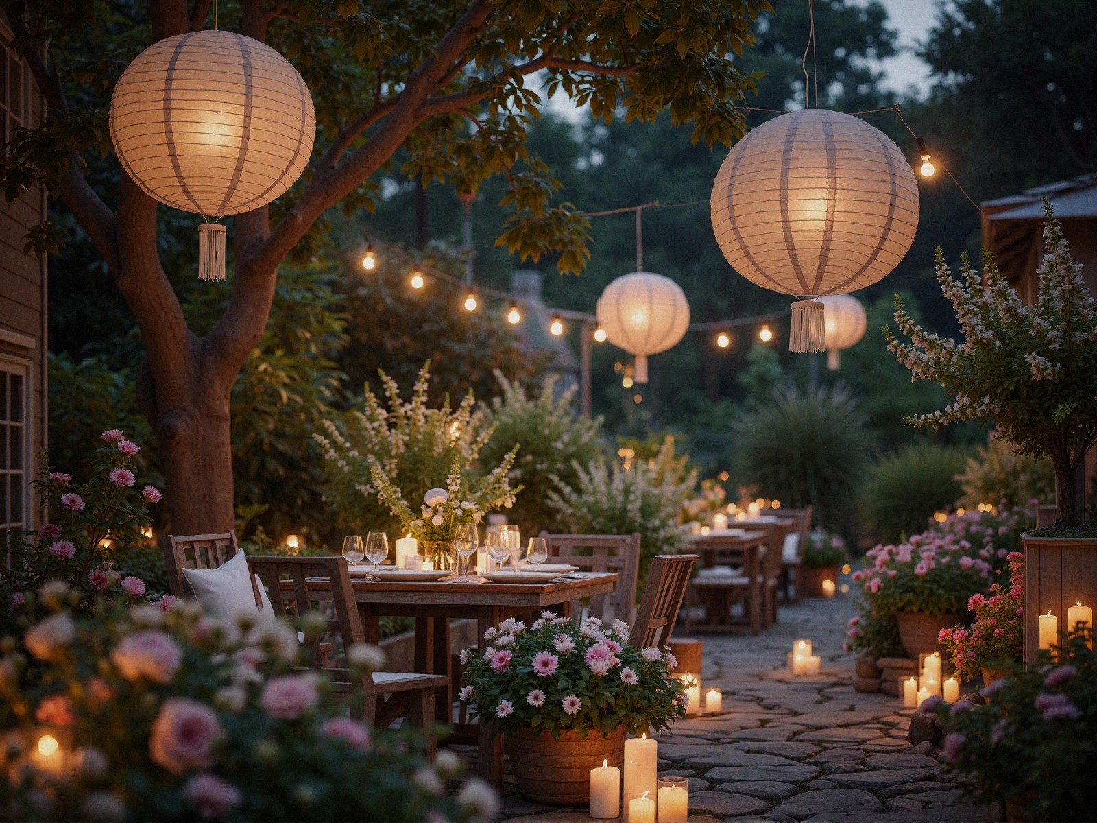 Serene garden at dusk with lanterns and elegant tables