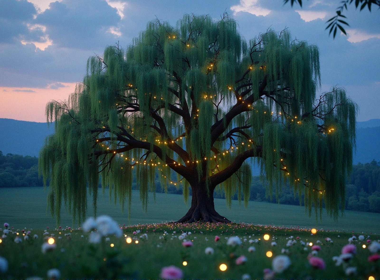Willow Tree with Lights in a Serene Landscape
