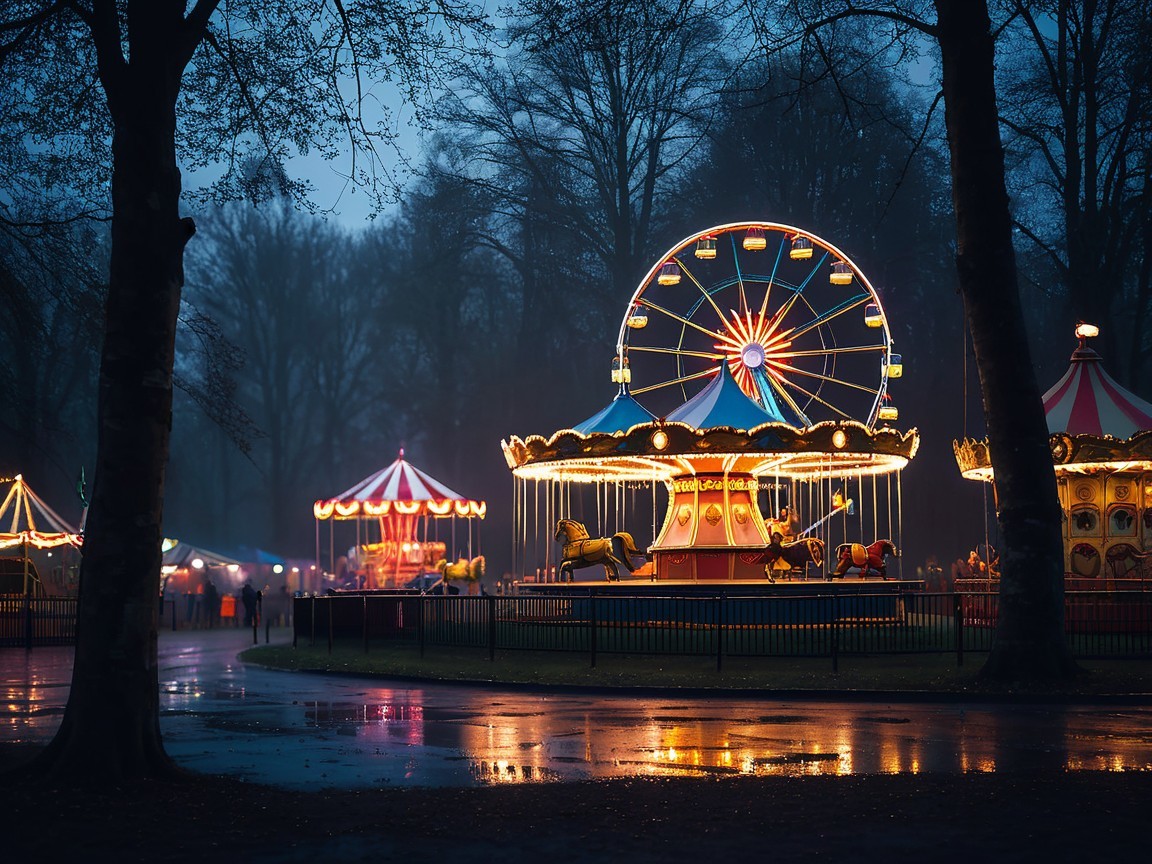 Whimsical Carnival Scene with Carousel and Ferris Wheel
