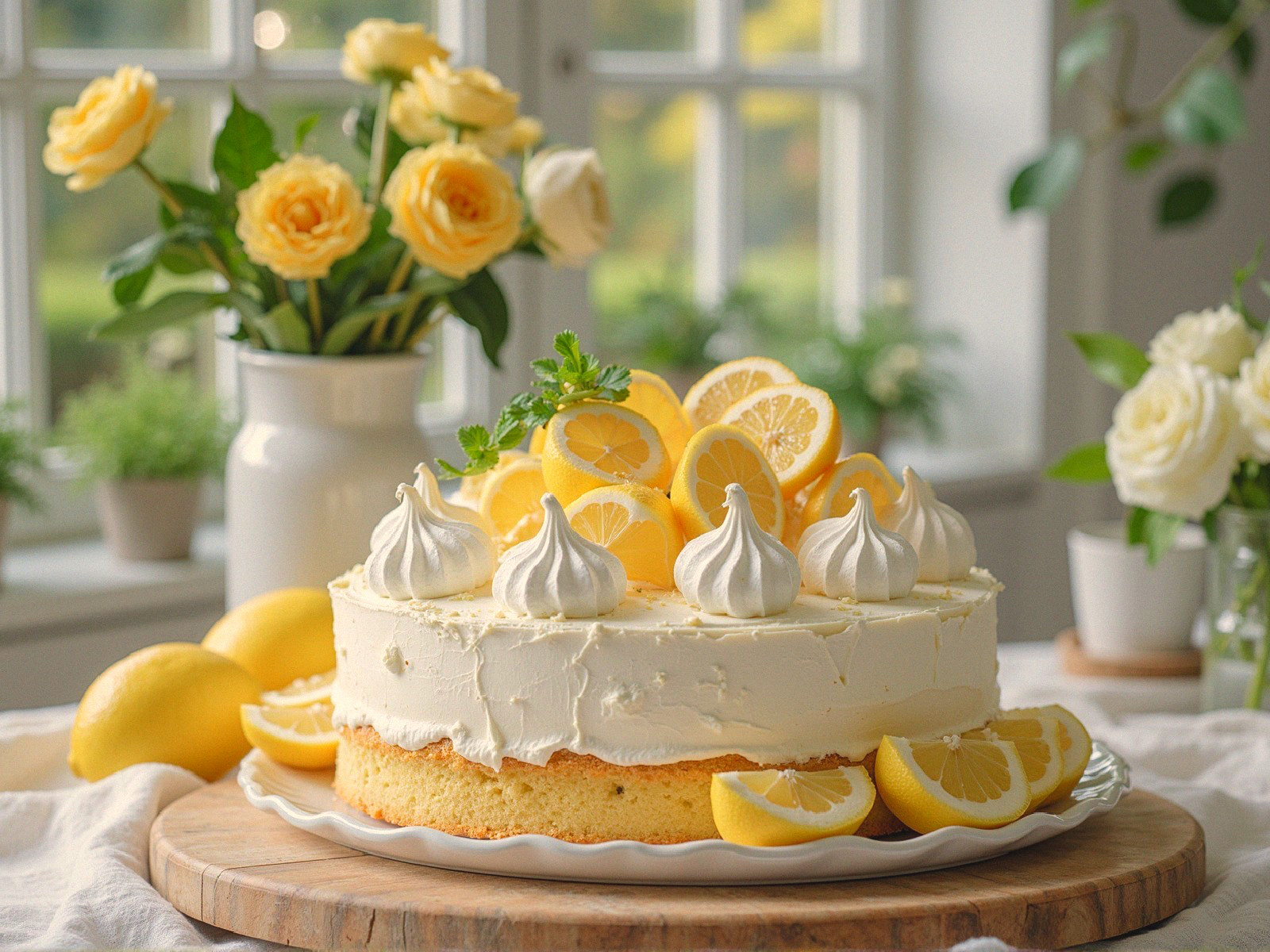 Lemon cake with meringue and floral decor details