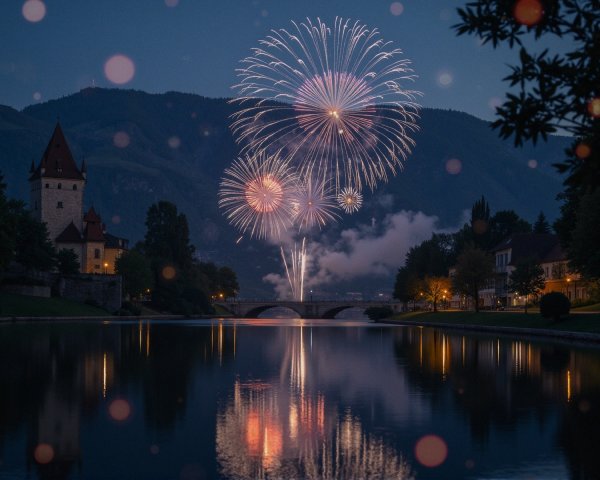Riverside Scene with Fireworks and Historic Tower