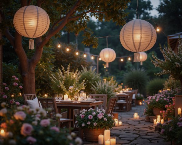 Serene garden at dusk with lanterns and elegant tables