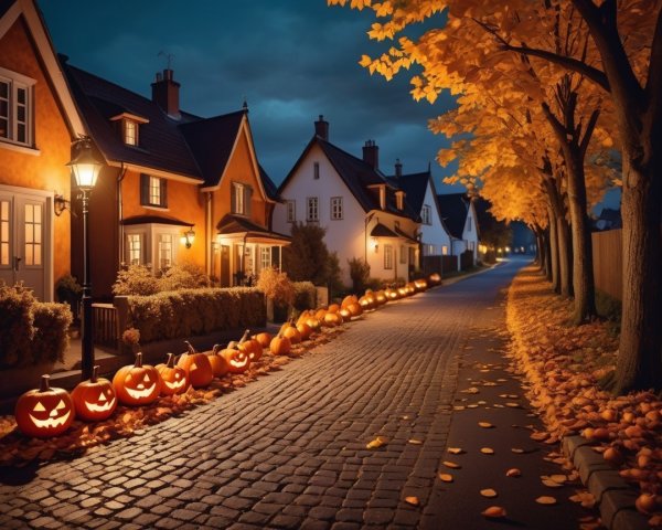 Charming Halloween Street with Autumn Decor and Lights