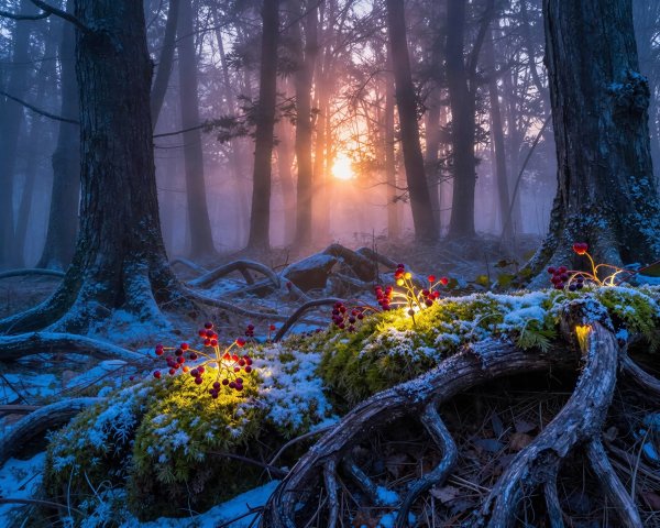 Magical Forest Scene at Dusk with Glowing Lights