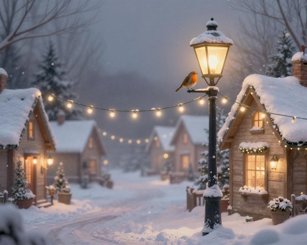 Winter Christmas Village with Snowy Houses and Lights