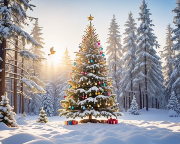 Decorated Christmas Tree in a Winter Landscape