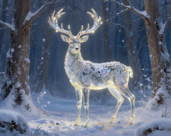 Ethereal Stag in a Snowy Forest at Dusk