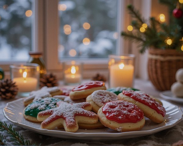 Cozy Holiday Scene with Decorated Cookies and Lights