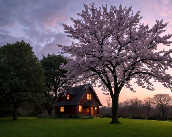 Charming House by Blooming Cherry Blossom Tree