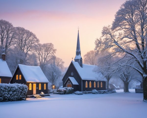 Winter Scene of a Church and Snowy Landscape
