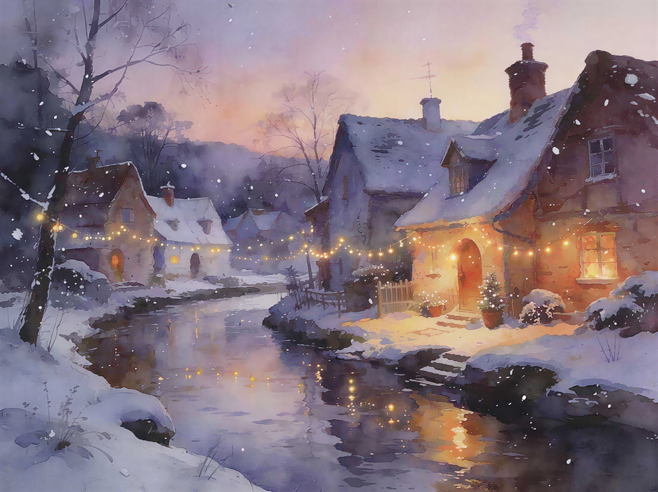 Watercolor Painting of a Village by a Twilight River