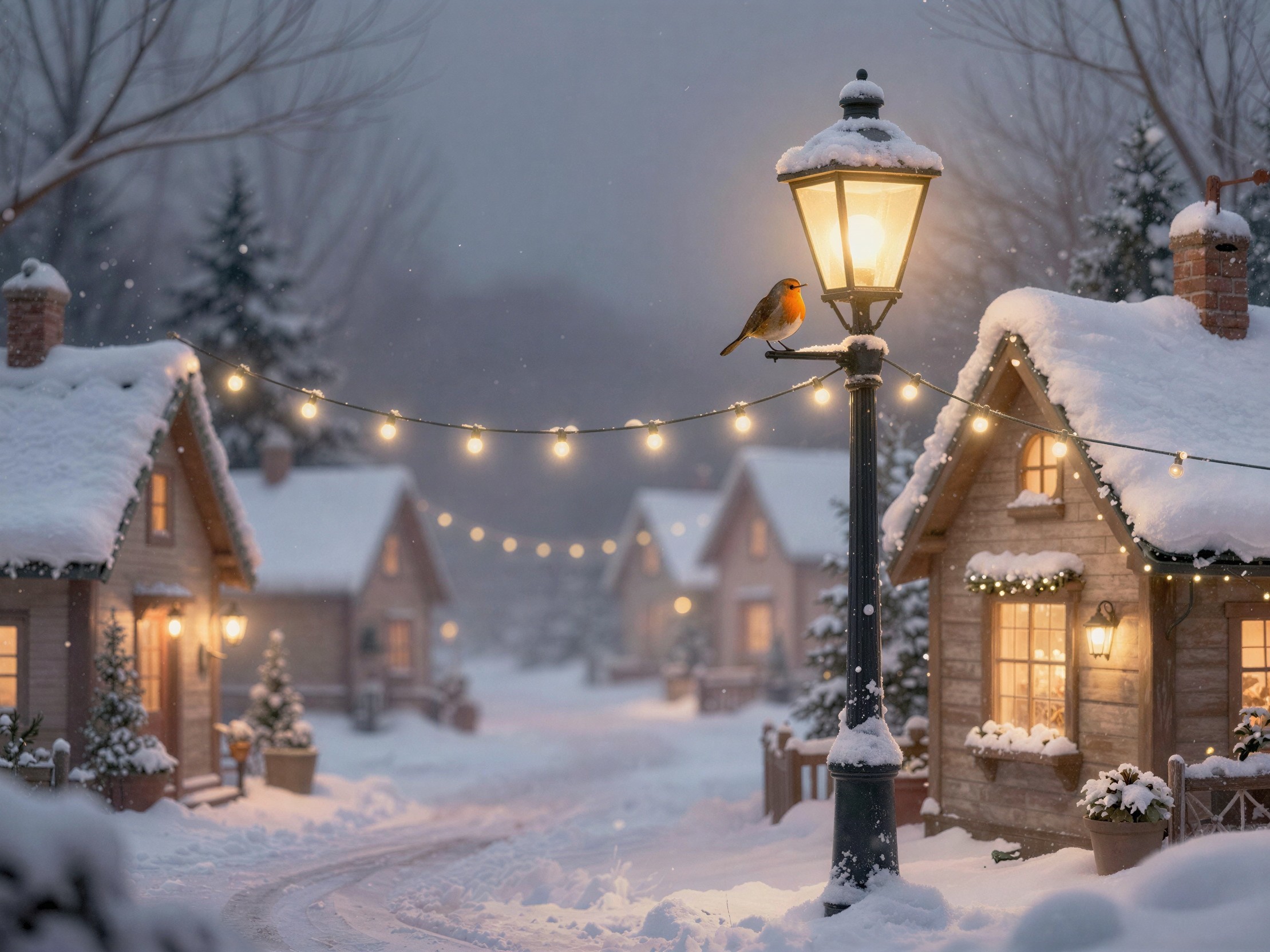 Winter Christmas Village with Snowy Houses and Lights