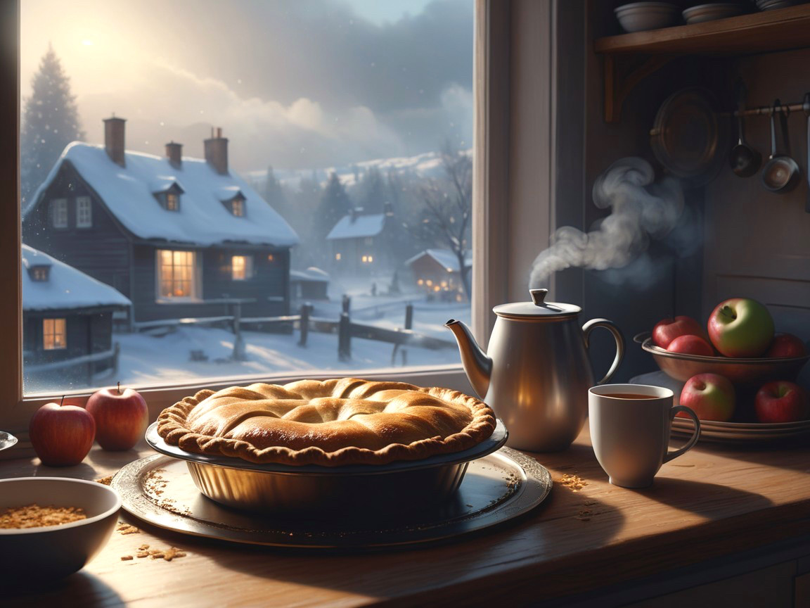 Cozy Kitchen with Apple Pie and Snowy Landscape