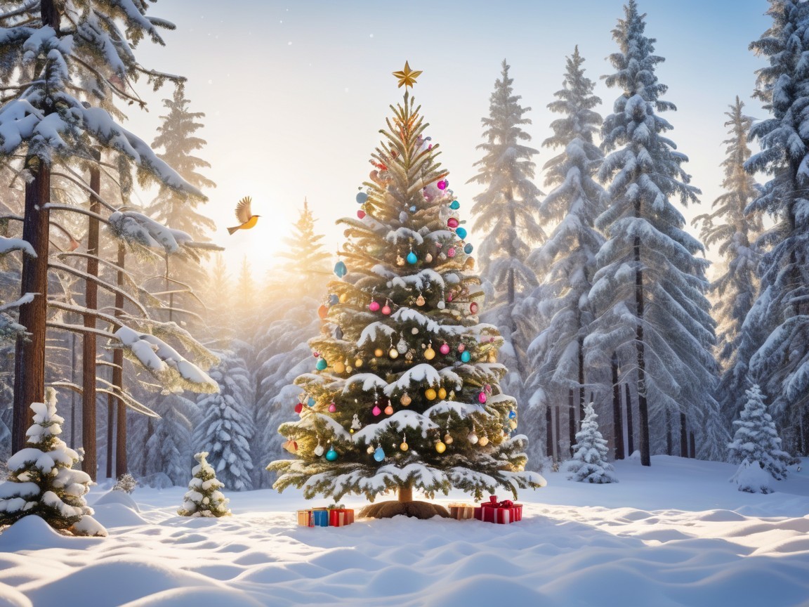 Decorated Christmas Tree in a Winter Landscape