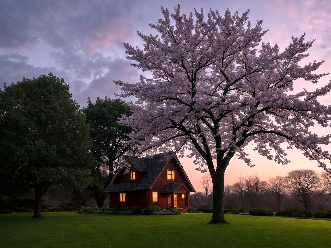 Charming House by Blooming Cherry Blossom Tree