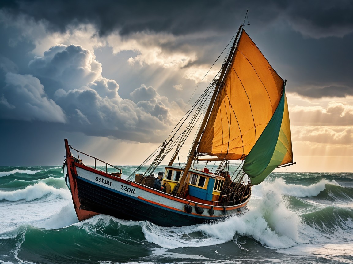 Sailing Boat Navigates Tumultuous Waves and Sky