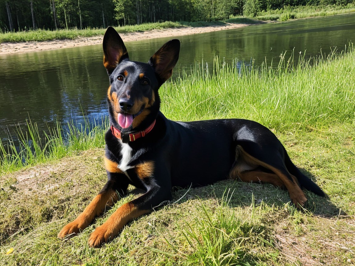 Cheerful dog relaxing by a serene riverbank