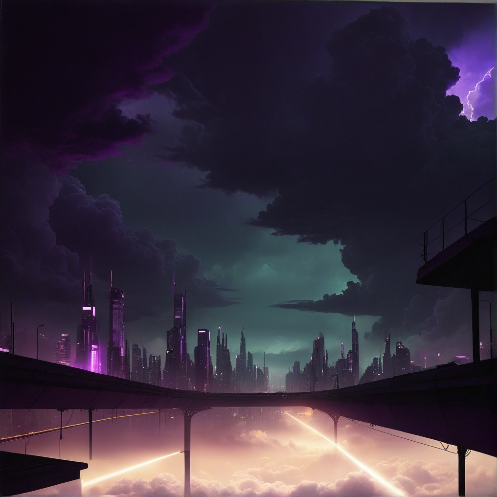 Futuristic cityscape with neon lights and stormy skies