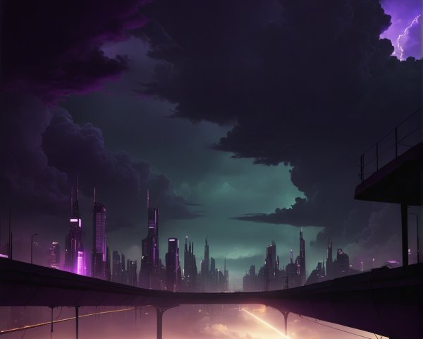 Futuristic cityscape with neon lights and stormy skies