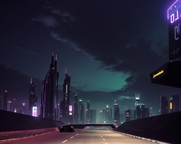 Futuristic city skyline with neon lights at night