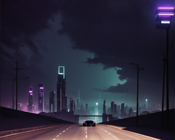 Futuristic Car on Highway with Neon City Skyline