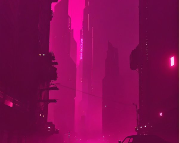 Neon Urban Landscape with Skyscrapers and Fog
