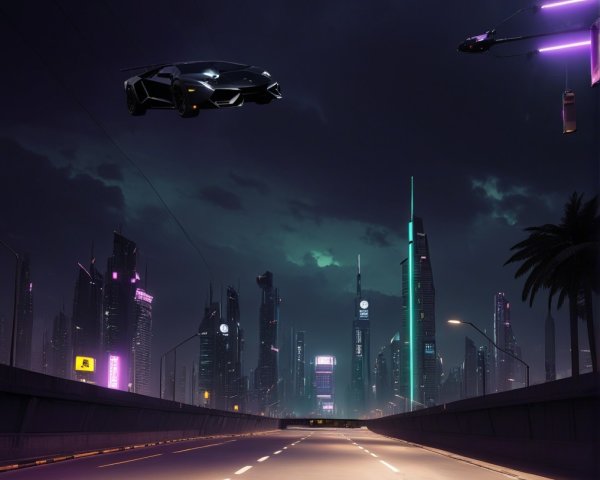 Futuristic cityscape with neon lights and hover vehicles