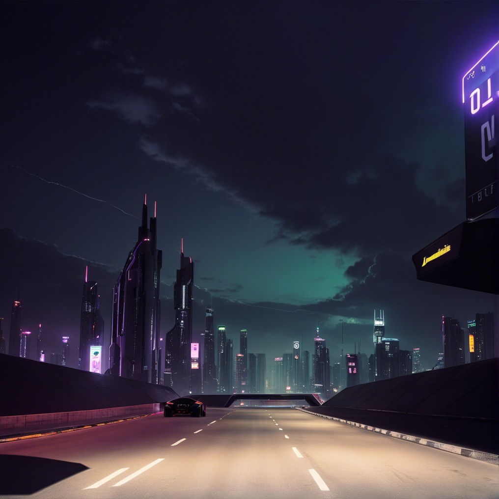 Futuristic city skyline with neon lights at night