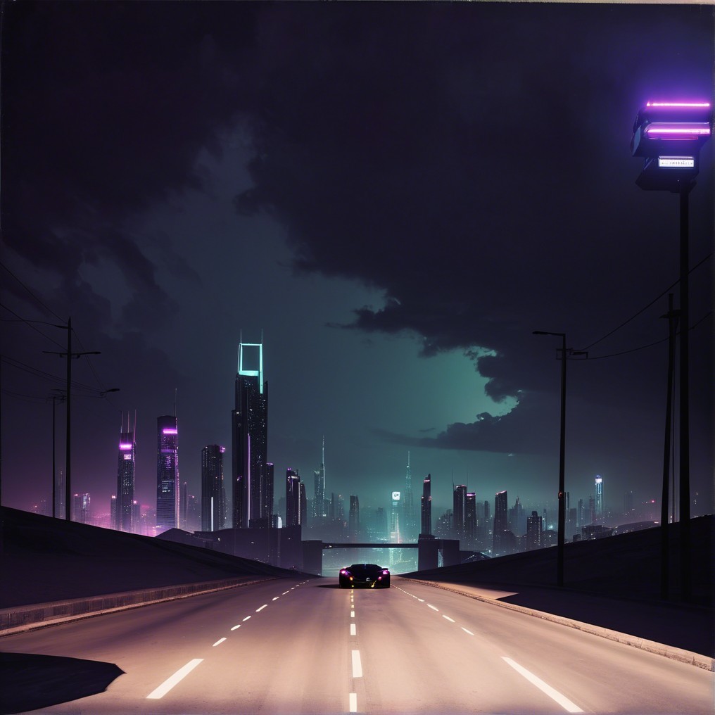 Futuristic Car on Highway with Neon City Skyline