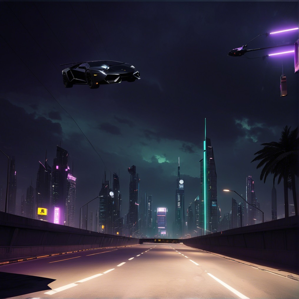 Futuristic cityscape with neon lights and hover vehicles