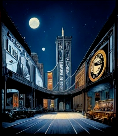 Nighttime Cityscape with Vintage Buildings and Bridge
