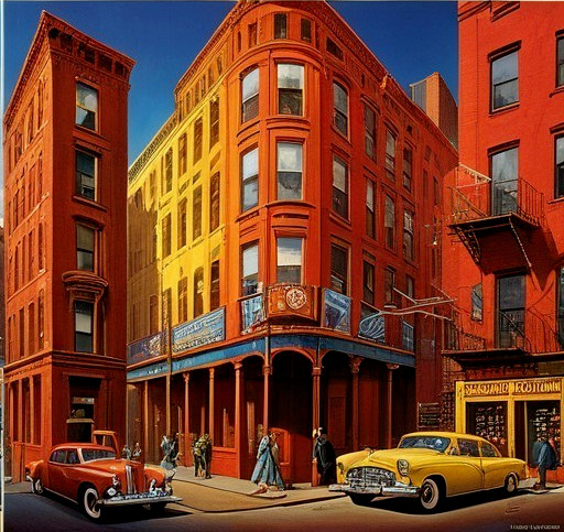 Vibrant City Street Scene with Vintage Cars and Storefronts