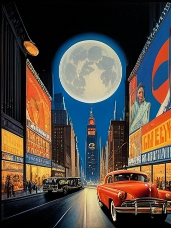 Vibrant Night City Street with Neon Lights and Classic Cars