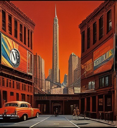 Urban Landscape with Skyscrapers and Classic Car