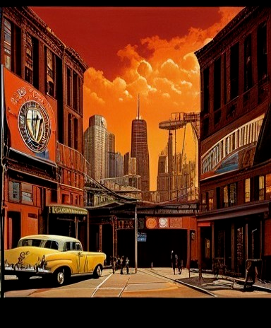 Vibrant Urban Landscape at Sunset with Taxi and Monorail