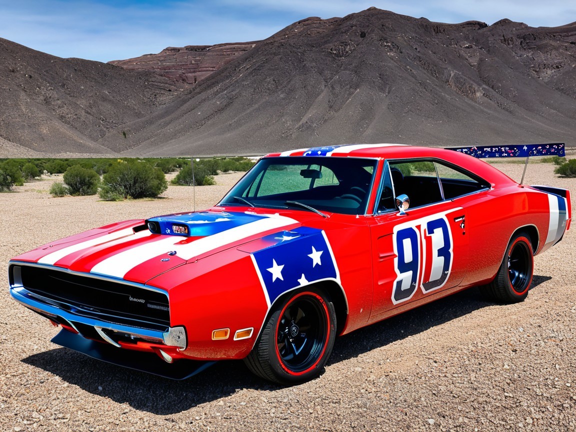 Vibrant Red Classic Muscle Car in Desert Setting