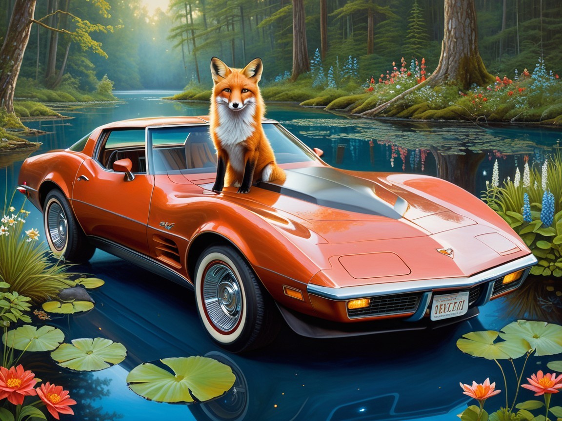 Vintage Sports Car by Serene Lake with Lush Nature
