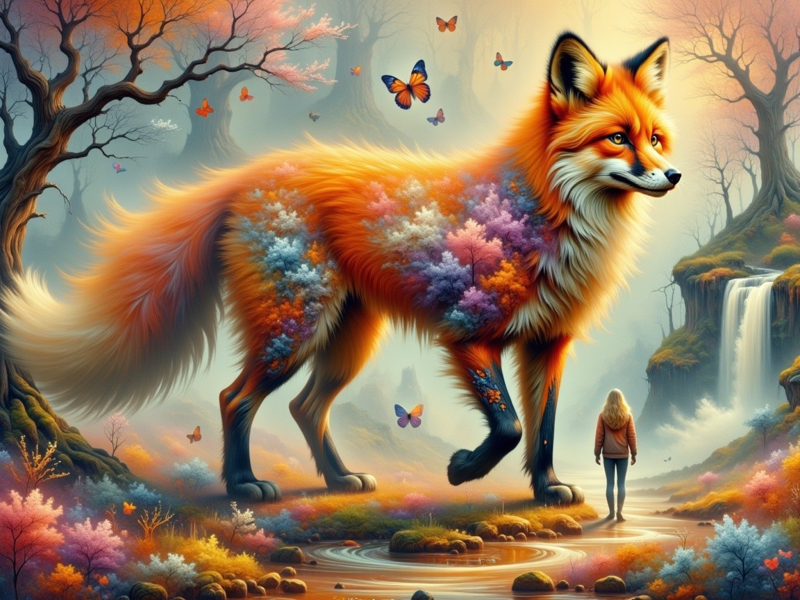 Giant Colorful Fox by a Serene Stream with Butterflies