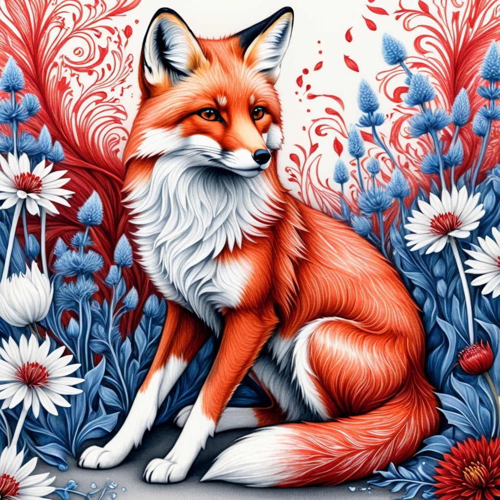 Stylized Fox Surrounded by Colorful Floral Patterns
